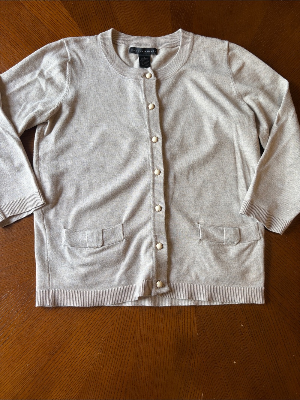 Grace Elements Light Beige Crewneck Button-Front Cardigan